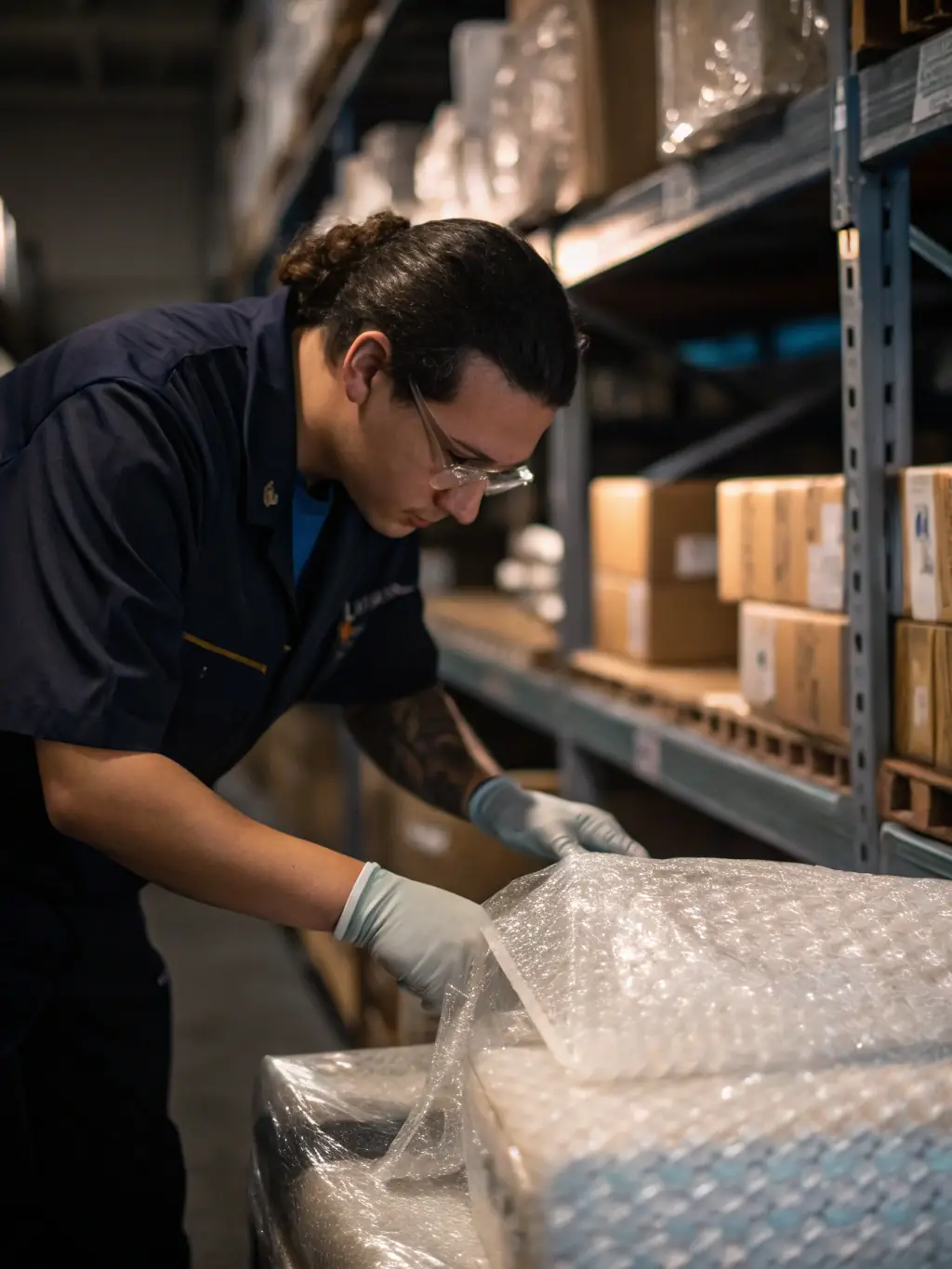 A worker carefully handling fragile items with protective packaging, highlighting ParcelPulse's specialized handling service.