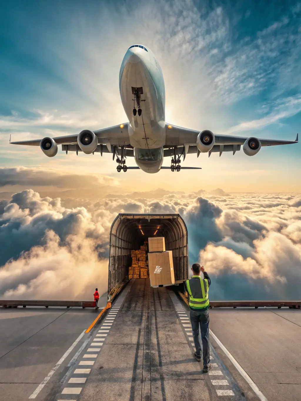 An airplane taking off with parcels labeled for international destinations, representing ParcelPulse's international shipping capabilities.