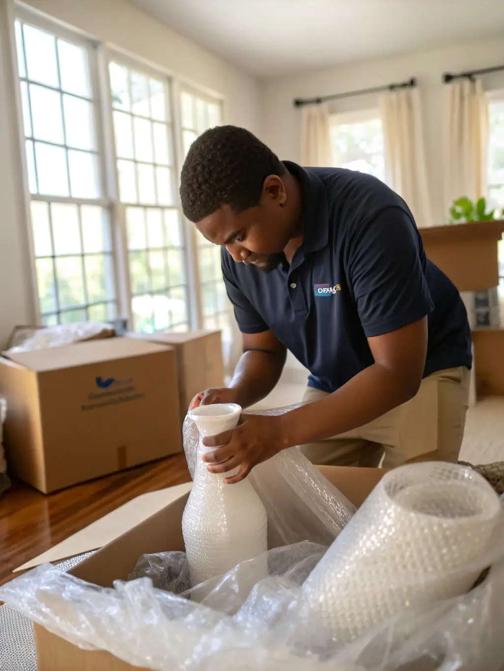 A worker carefully handling fragile items with protective packaging, illustrating ParcelPulse's specialized handling service.