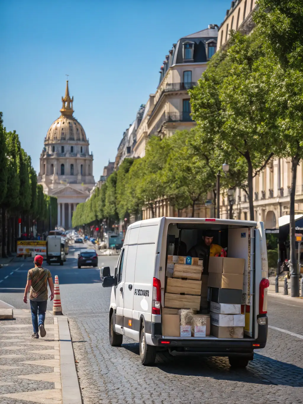 A high-resolution image of a ParcelPulse van delivering packages in a bustling London street, showcasing the efficiency of local delivery services.
